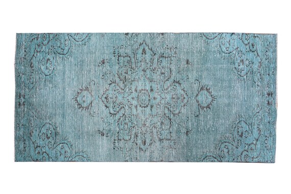 3'4''x9'2''Faded Blue-Black Color Runner Turkish Wool Rug,Anatolian Ottoman Handmade Area Rug,Decorative Rug,Nomadic Rug,Modern Art Rug,3457