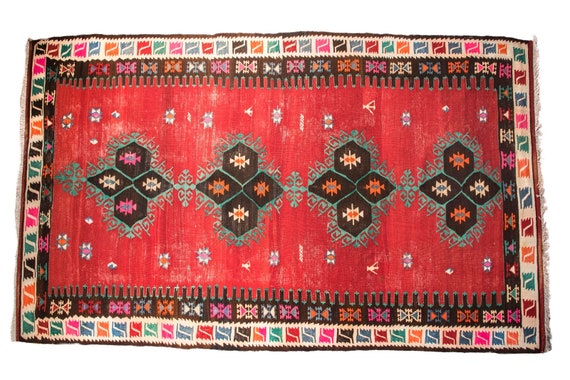 5'05''x9'1''Red-Black Color Vintage Turkish Wool Rug,Anatolian Ottoman Handmade Area Rug,Home Decor,Decorative Rug,Nomadic Rug,Cicim  Rug