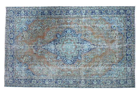 6'5''x10'1''Faded Brown-Blue Color Turkish Wool Rug,Anatolian Ottoman Handmade Area Rug,Decorative Rug,Nomadic Rug,Modern Art Rug,3425