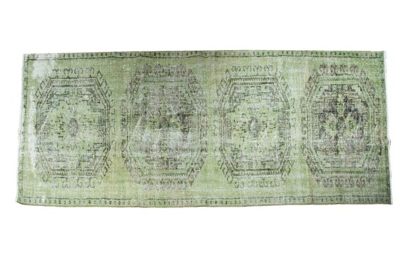 3'2'' x 9'7'' Green Color Vintage Turkish Wool Rug,Anatolian Handmade Area Rug,Home Decor,Decorative Rug,Green Runner Rug,Nomadic Rug,2618