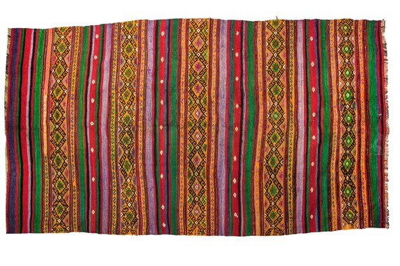 4'8''x9'2'' Yellow-Rainbow Color Vintage Turkish Wool Rug,Anatolian Handmade Area Rug,Home Decor,Decorative Rug,Cicim Rug,Nomadic Rug,
