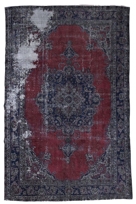 7'02''x10'4' Faded Red-Blue Color Turkish Wool Rug,Anatolian Ottoman Handmade Area Rug,Decorative Rug,Nomadic Rug,Modern Art Rug,Faded Color