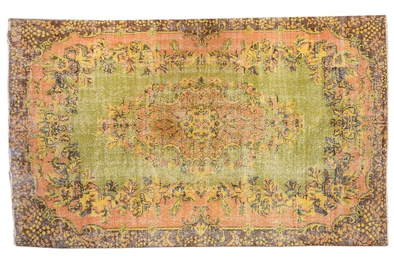 6'2''x10'4''Faded Green-Yellow Color Turkish Wool Rug,Anatolian Ottoman Handmade Area Rug,Decorative Rug,Nomadic Rug,Modern Art Rug,3403
