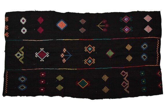 4x7 ft MOROCCAN BLACK RUG - Hand Knotted Wool Rug, Bohemian Carpet, Rugs for Living Room, Home Decor, Mythological Patterns, 3 Piece Curtain