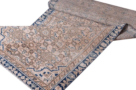 3'05''x12'9''Vintage Pastel Natural Brown-Blue Color Turkish Area Runner Rug,Bedroom Rug,Neutral Rug,Living Room Rug,Boho Rug,Faded Rug,3244