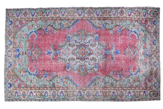 5'1''x8'8''Red-Turquoise Color Vintage Turkish Wool Rug,Anatolian  Handmade Area Rug,Home Decor,Decorative Rug,Nomadic Rug,Modern Rug,2057