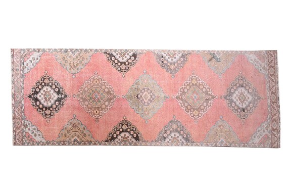 3'7"X12'8''Vintage Light PastelPink Color Turkish Area Runner Rug,Bedroom Rug,Neutral Rug,Living Room Rug,Boho Rug,Decorative Faded Rug,3259