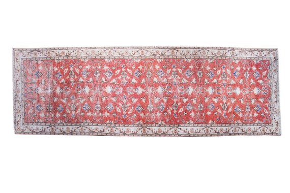 2'6'' x 10'1'' Brick Color Vintage Turkish Wool Rug,Anatolian Handmade Area Rug,Home Decor,Decorative Rug,Black Runner Rug,Nomadic Rug,