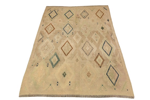 4 x 5 Faded Natural Colors - Chevron Design, Unique Pattern Rug, Vintage Rug, Turkish Rug Area, Hand Woven Rug, Oversize Rug, Kilim Rug