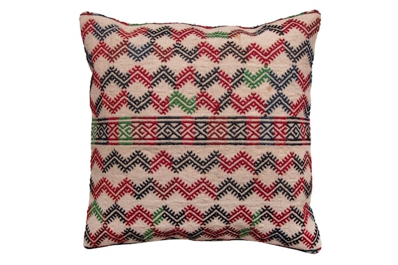 21.6'' x 21.6"Turkish Anatolian Geometric Pillow, Beige Pillow, Striped Wool Pillow, Oushak Red Pillow, Kilim Rug Pillow, Boho Black Pillow