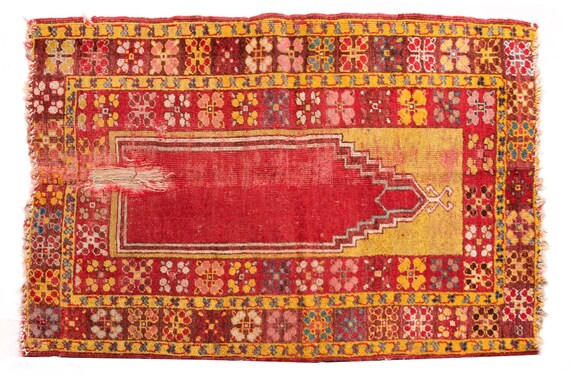 2'8''x4'1''Yellow-Red Color Old Vintage Turkish Wool Rug,Anatolian Handmade Area Rug,Home Decor,Decorative Rug,Old Fragman Rug,Nomadic Rug