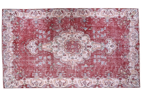 5'4''x9'4''Twin Rug,Faded Red-Beige Color Turkish Wool Rug,Anatolian Handmade Area Rug,Decorative Rug,Nomadic Rug,Modern Art Rug,3200
