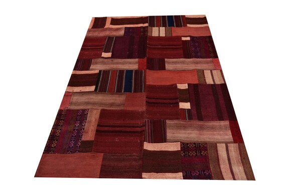 Wine Color Large Patchwork Rug ,Soft Color Rug Vintage Area Rug made of Vintage Faded Turkish Rugs , collage Unique Area Rug,6.8 x 8.2 feet