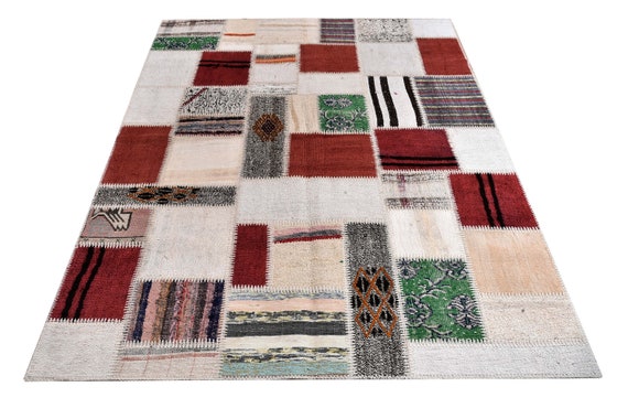 Colorful Large Patchwork Rug ,Soft Color Rug Vintage Area Rug made of Vintage Faded Turkish Rugs , collage Unique Area Rug,4.9 x 6.8 feet