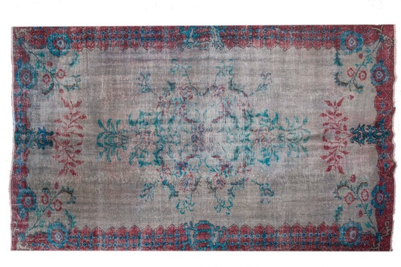 7'05" X 9'3''Gray-Turquoise Color Vintage Turkish Wool Rug,Anatolian Handmade Area Rug,Decorative Rug,Nomadic Rug,An Artistic Work Rug,3090