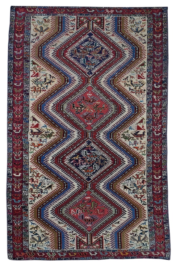2'8''x 6'9''Beige Color Vintage Turkish Silk,Wool Rug,Anatolian Handmade Area Rug,Animal Motifs Design Rug, Sumak Rug,Nomadic Rug,Custom Rug