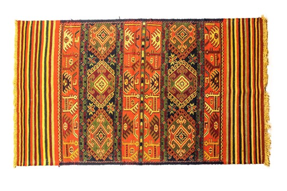 3'4''x6'5''Brick-Multi Color Vintage Turkish Wool Rug,Anatolian Handmade Area Rug,Animal Motifs Design Rug, Sumak Rug,Nomadic Rug,Custom Rug