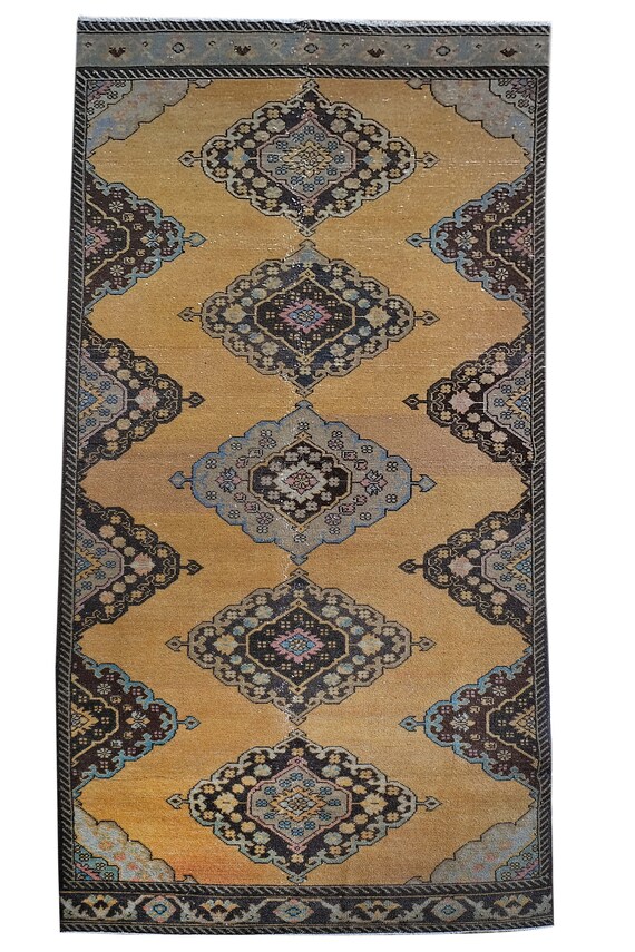 6'2'x 9'6' MODERN ABSTRACT RUNNER Rug - Outdoor Doormat, Floor Mat, Small Boho Rug, Handmade Area Rug, Living Room Carpet, Mustard Color
