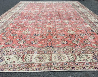 Faded Pastel Red SHADE CARPET - Boho Rug, Hooked Rugs, Vintage Turkish Rug, Hand Woven Rug,Home Decor,Washable Rug,Square Rug, 7 X 11 ft