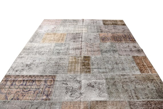 Gray Color Large Patchwork Rug ,Soft Color Rug Vintage Area Rug made of Vintage Faded Turkish Rugs , collage Unique Area Rug,8.2x11.4 feet