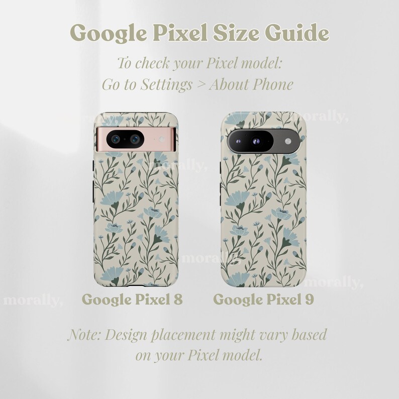 May include: Image shows two Google Pixel phone cases with a floral pattern. The cases are beige with blue flowers and green stems. Text at the top reads "Google Pixel Size Guide". The cases are labeled "Google Pixel 8" and "Google Pixel 9".