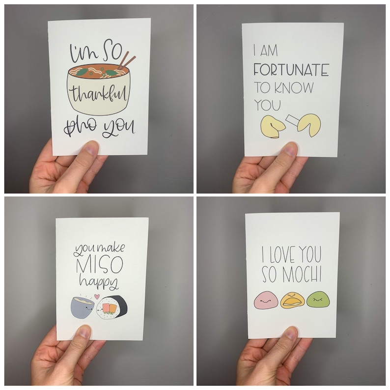 Thinking of You Cards Positive Cards Card Set for Friends and Family Asian Food Punny 4 Pack of Recycled Paper Greeting Cards