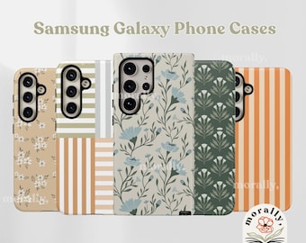 May include: A collection of Samsung Galaxy phone cases with various floral and striped patterns. The cases feature designs in beige, green, and orange, with a logo in the bottom right corner. The text "Samsung Galaxy Phone Cases" is at the top.