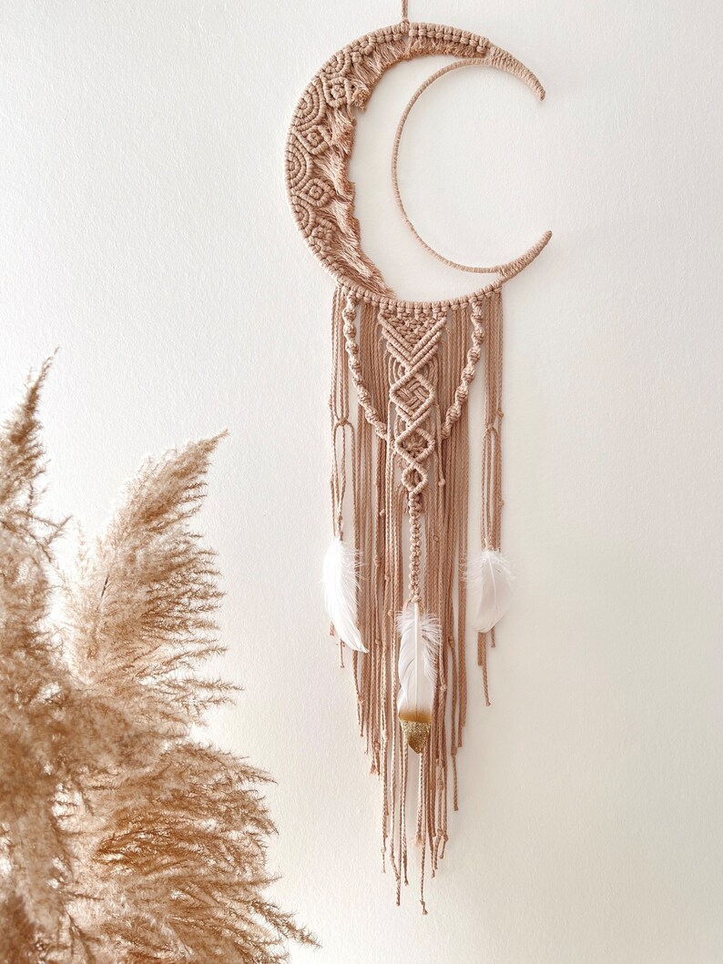 Handknotted Macrame Dream Catcher Moonshaped Boho Decor for Sweet