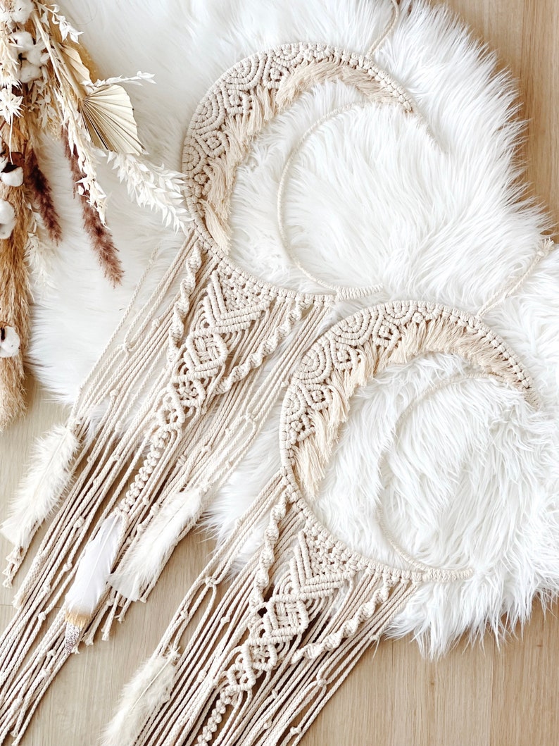 Handknotted Macrame Dream Catcher Moonshaped Boho Decor for Sweet