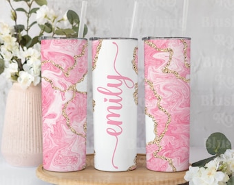 Pink marble effect travel mug, Personalised travel cup, Customised travel mug,  Insulated travel mug, Water bottle, Drinks bottle, Gift.