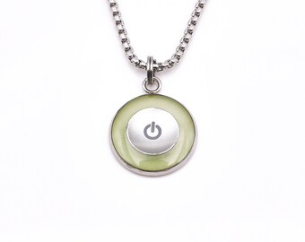Green collar "ON/OFF", round photoluminescent, with stainless steel chain, protected with Epoxy - Bisuteronic.