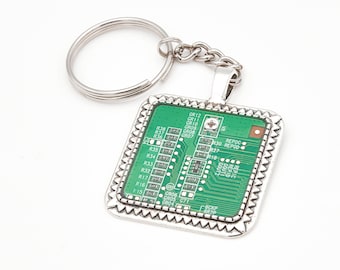 Green printed circuit board keychain, square frame metal alloy, protected with Epoxy resin - Bisuttronics.