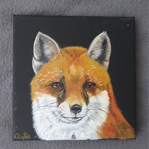 Painting fox in oil on black canvas