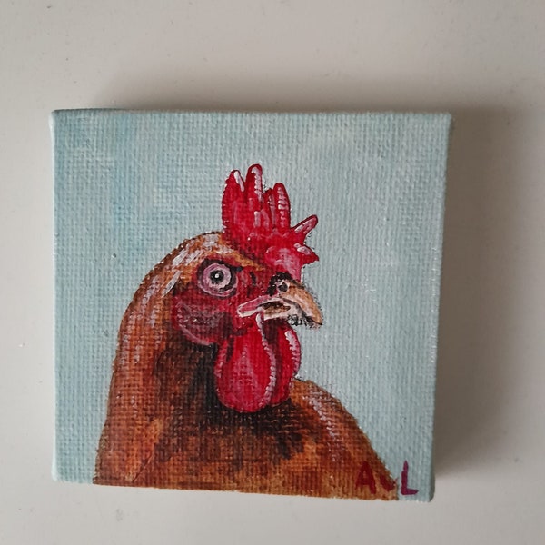 Haan op ezel mini schilderij Rooster on easel little painting