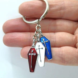 3 Coffins Keyring with Black, Silver, Red, White, Blue, Topaz, Green, Purple Charms. Gothic Punk Goth Gift, Gift for Goths, Xmas Birthday