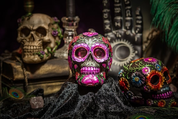 CALAVERA SKULL, BlumenSchädel, mexikanischer Totenkopf, Sugar Skull, Skull,  Kuriositäten, schwarzer Totenkopf, Skull Dekor, Gothic Deko, Halloween,  Skull Ornament - .de
