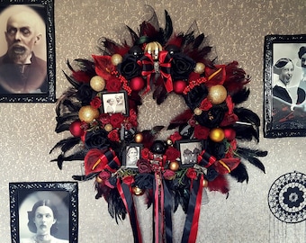 GOTHIC WALL WREATH, Victorian mourning wreath, post mortem art, gothic art, mourning wreath, halloween door decor, gothic decor, red&black