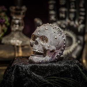 SILVER BEADED SKULL, Skull, skull art, oddities, black skull, skull decor, gothic decor, halloween, skull ornament, human bones, skull head
