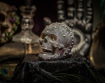 SILVER BEADED SKULL, Skull, skull art, oddities, black skull, skull decor, gothic decor, halloween, skull ornament, human bones, skull head