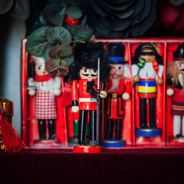 CHRISTMAS NUTCRACKER, wooden soldier, Queen's guard costume, vintage Christmas, Christmas gifts, vintage toy, wooden toy, hangable ornament