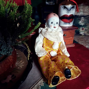 VINTAGE HARLEQUIN DOLL, Clown doll, clown decor, retro doll, Doll art, jester doll harlequin, circus, porcelain doll, Pierrot, sad doll, big