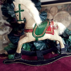 VINTAGE Wooden ROCKING HORSE toy, Decorative Carved Wood Horse Toy, Handcrafted, Hand Painted Rocking Horse, Folk Art, rustic,  Home Decor