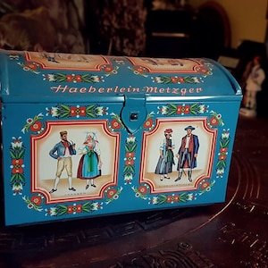 VINTAGE RARE LARGE German Tin Cookie Box, Vintage Tin Box, Biscuit Cookie box, Haeberlein Metzger, chest, Germany Cookie Tin, metal chest