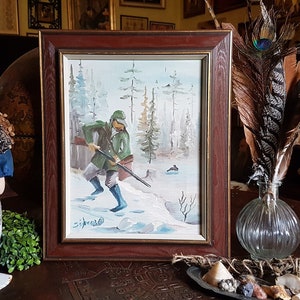 vintage WINTER HUNTING SCENE Oil Panting, signed, oil painting, Original Oil painting, hunter portrait, hunting, hunting painting, wall art