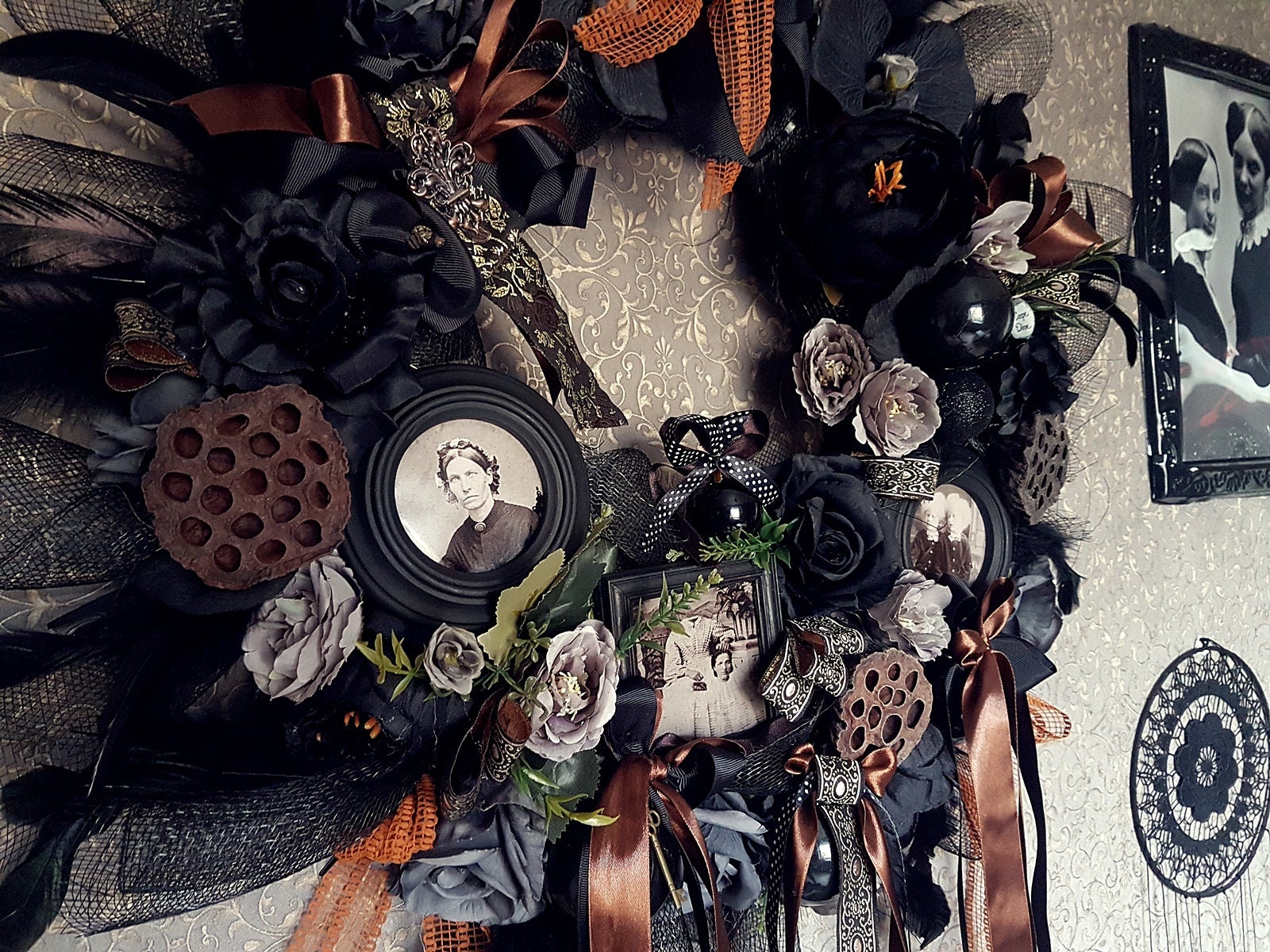 GOTHIC WALL WREATH, Victorian mourning wreath, post mortem art, gothic art, mourning wreath, halloween door decor, gothic decor, black decor