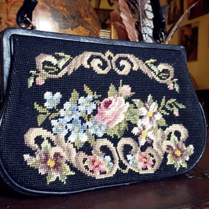 Vintage floral HANDLE BAG, petit point, tapestry, evening handbag, vintage floral bag, needlework, petit point, flowers, vintage purse, bag