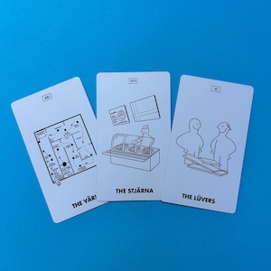 May include: Three white tarot cards with black line art illustrations and text against a blue background. The cards feature images of a map, a display case, and two figures. The text on the cards reads "THE V&Auml;RL," "THE STJ&Auml;RNA," and "THE L&Uuml;VERS."