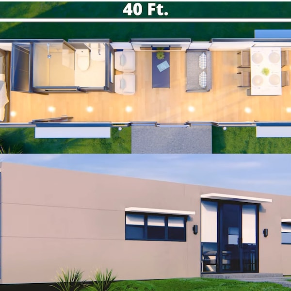 40 Ft./Foot Shipping Container House Plans - 1 Bedroom Modern Container Home/ House Plans [Small Ship Container Home]