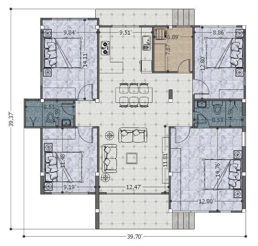 12m X 12m Modern House Plan Gable Roof Modern Granny