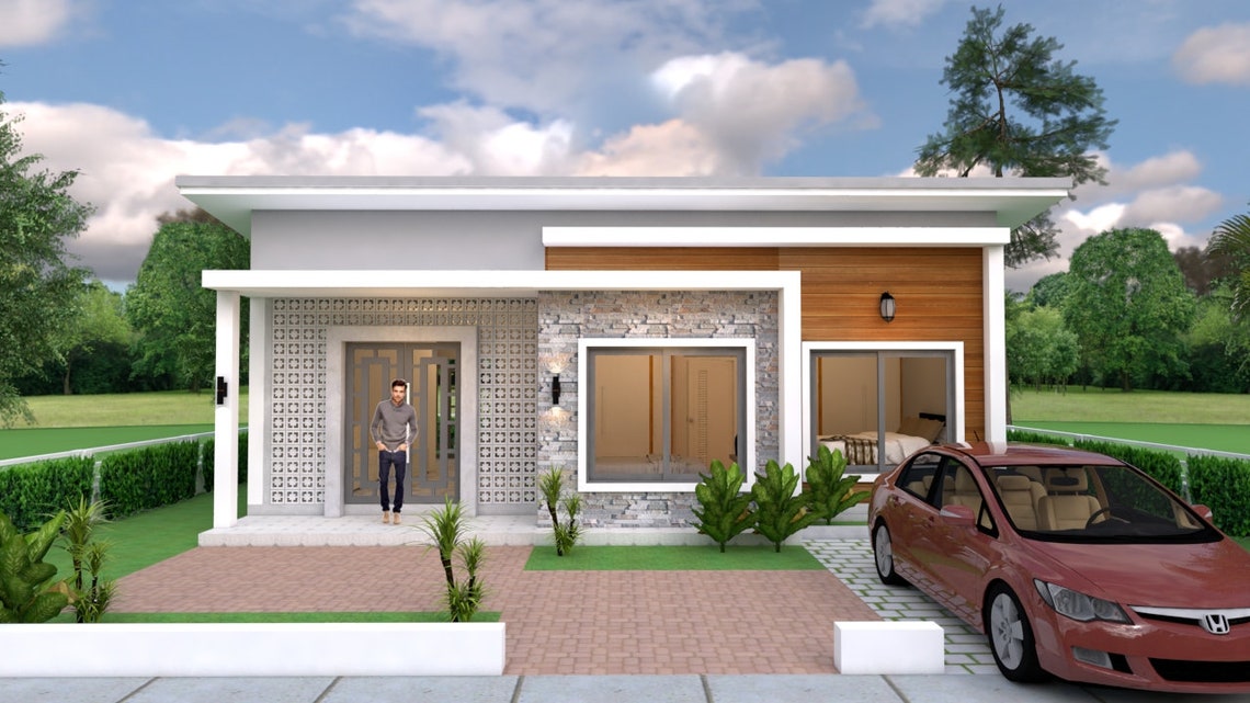 10m X 8m Modern House Plan 3 bedroom 2 bath Shed Roof Tiny small House 